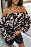 Sexy Zebra Print Leopard Lace Up Patchwork Halter Blouses