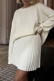 Elegant Patchwork Pleated O Neck Long Sleeve Two Pieces