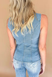 Casual Daily Buttons O Neck Sleeveless Regular Denim Jacket