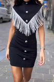 Casual Buttons Tassel Half A Turtleneck Wrapped Skirt Dresses