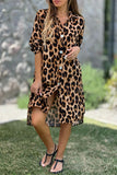 Casual Leopard Buttons Turndown Collar Long Sleeve Dresses