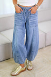 Casual Distressed Pocket Lace Up Mid Waist Loose Denim Jeans