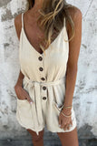 Casual Pocket Lace Up Buttons V Neck Loose Rompers(3 Colors)