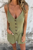 Casual Pocket Lace Up Buttons V Neck Loose Rompers(3 Colors)