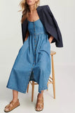 Street Pocket Buckle U Neck Sleeveless Loose Denim Dresses