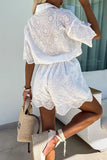 Casual Embroidered Hollow Out Turndown Collar Loose Rompers