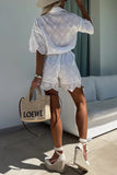 Casual Embroidered Hollow Out Turndown Collar Loose Rompers