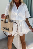 Casual Embroidered Hollow Out Turndown Collar Loose Rompers