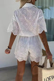 Casual Embroidered Hollow Out Turndown Collar Loose Rompers