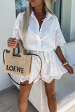 Casual Embroidered Hollow Out Turndown Collar Loose Rompers