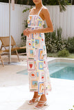 Vacation Graffiti Print fruit Patchwork Contrast Square Neck Sling Dresses