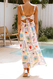 Vacation Graffiti Print fruit Patchwork Contrast Square Neck Sling Dresses