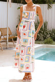 Vacation Graffiti Print fruit Patchwork Contrast Square Neck Sling Dresses