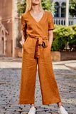 Fashion Casual Solid Patchwork V Neck Loose Jumpsuits