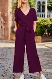 Fashion Casual Solid Patchwork V Neck Loose Jumpsuits