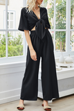 Casual Solid Patchwork Strap Design V Neck Jumpsuits