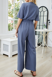 Casual Solid Patchwork Strap Design V Neck Jumpsuits