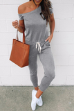 Casual Solid Draw String One Shoulder Skinny Jumpsuits(4 Colors)