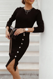 Street Solid Buckle O Neck Pencil Skirt Dresses(4 Colors)