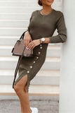 Street Solid Buckle O Neck Pencil Skirt Dresses(4 Colors)