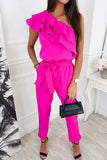 Sweet Elegant Solid Flounce Oblique Collar Regular Jumpsuits(5 Colors)