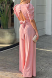 Elegant Solid Backless Solid Color V Neck Jumpsuits