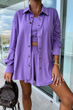 Casual Vacation Solid Pocket Turndown Collar Long Sleeve Two Pieces