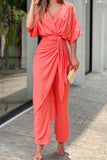 Casual Solid Frenulum V Neck Regular Jumpsuits(3 Colors)