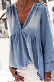 Chicindress Denim Ruched Long Sleeve Casual Top